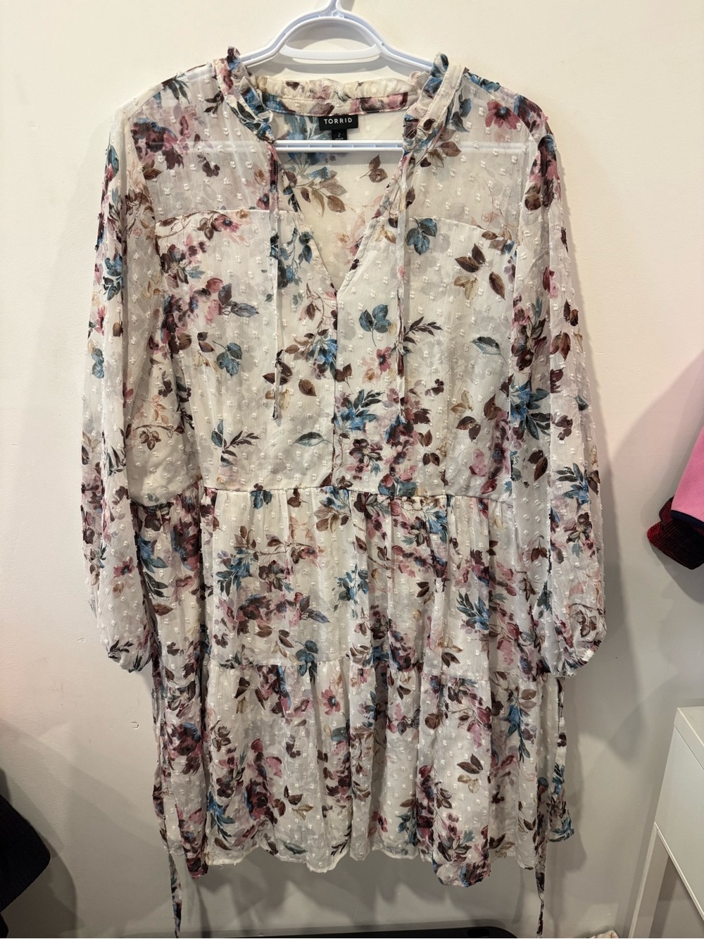 torrid Cream Floral Long Sleeve Tie-Neck Tiered Dress
